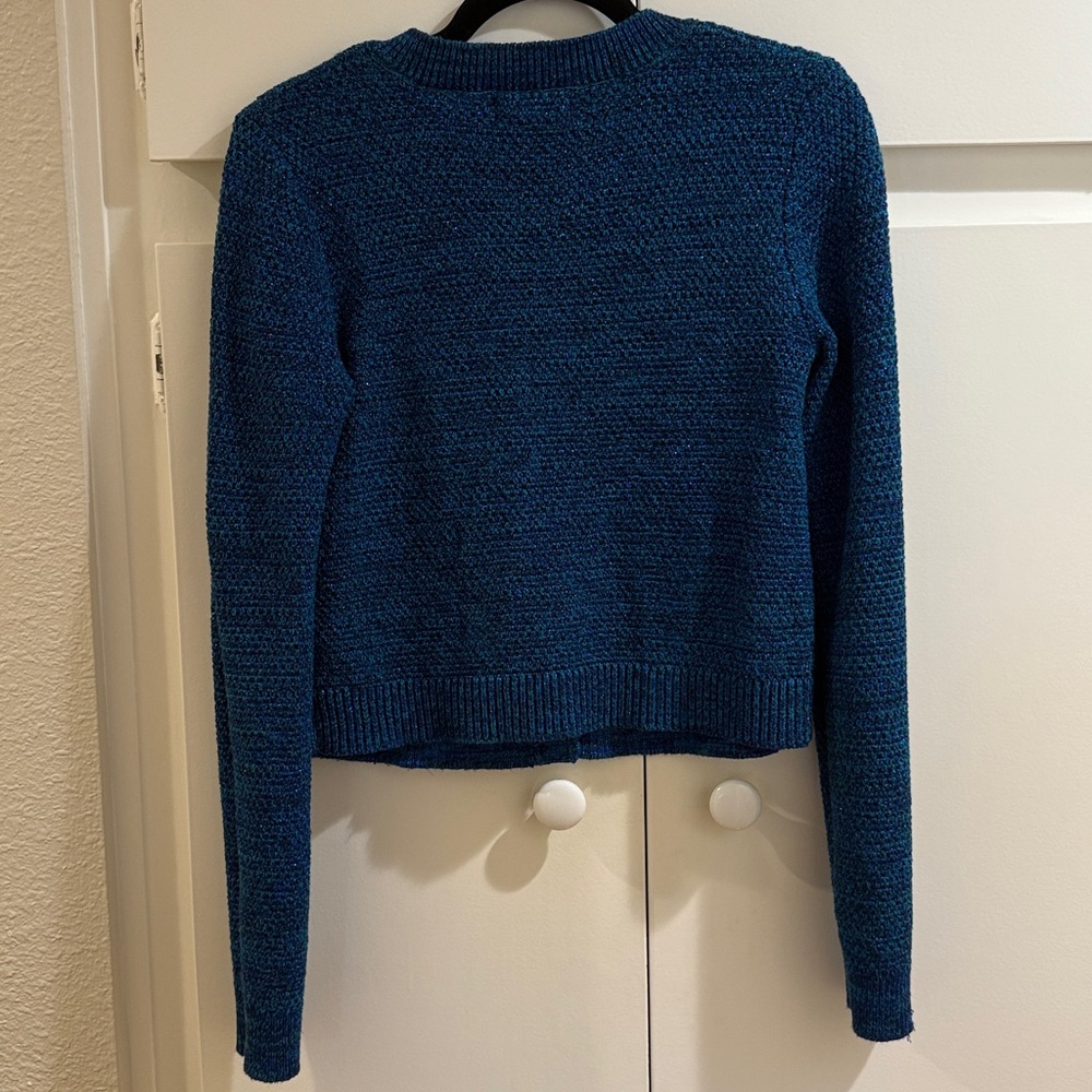 Marled Blue and Green Shiny Textured Knit Sweater Cardigan with Gold Accents - Picture 5 of 5